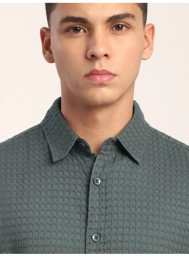 Beyoung Mid Grey Jacquard Round Textured Shirt