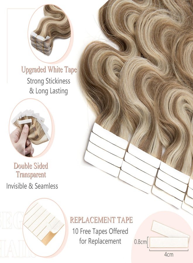 SEGO Wavy Tape In Hair Extensions Human Hair 20pcs 50g 16 Inch Blonde Highlighted Balayage Remy Body Wave Human Hair Tape In Extensions for Women -#P12/613 Golden Brown& Bleach Blonde - Image 3
