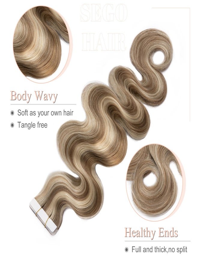 SEGO Wavy Tape In Hair Extensions Human Hair 20pcs 50g 16 Inch Blonde Highlighted Balayage Remy Body Wave Human Hair Tape In Extensions for Women -#P12/613 Golden Brown& Bleach Blonde - Image 4