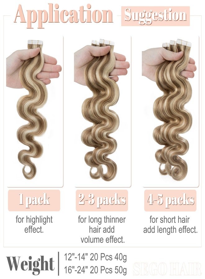 SEGO Wavy Tape In Hair Extensions Human Hair 20pcs 50g 16 Inch Blonde Highlighted Balayage Remy Body Wave Human Hair Tape In Extensions for Women -#P12/613 Golden Brown& Bleach Blonde - Image 5