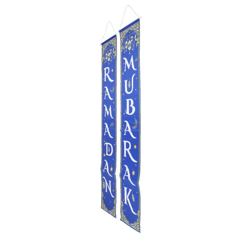 2pcs Eid Mubarak Porch Sign Waterproof Blue Background 100D Polyester Ramadan Mubarak Hanging Banner for Indoor Outdoor - Image 4