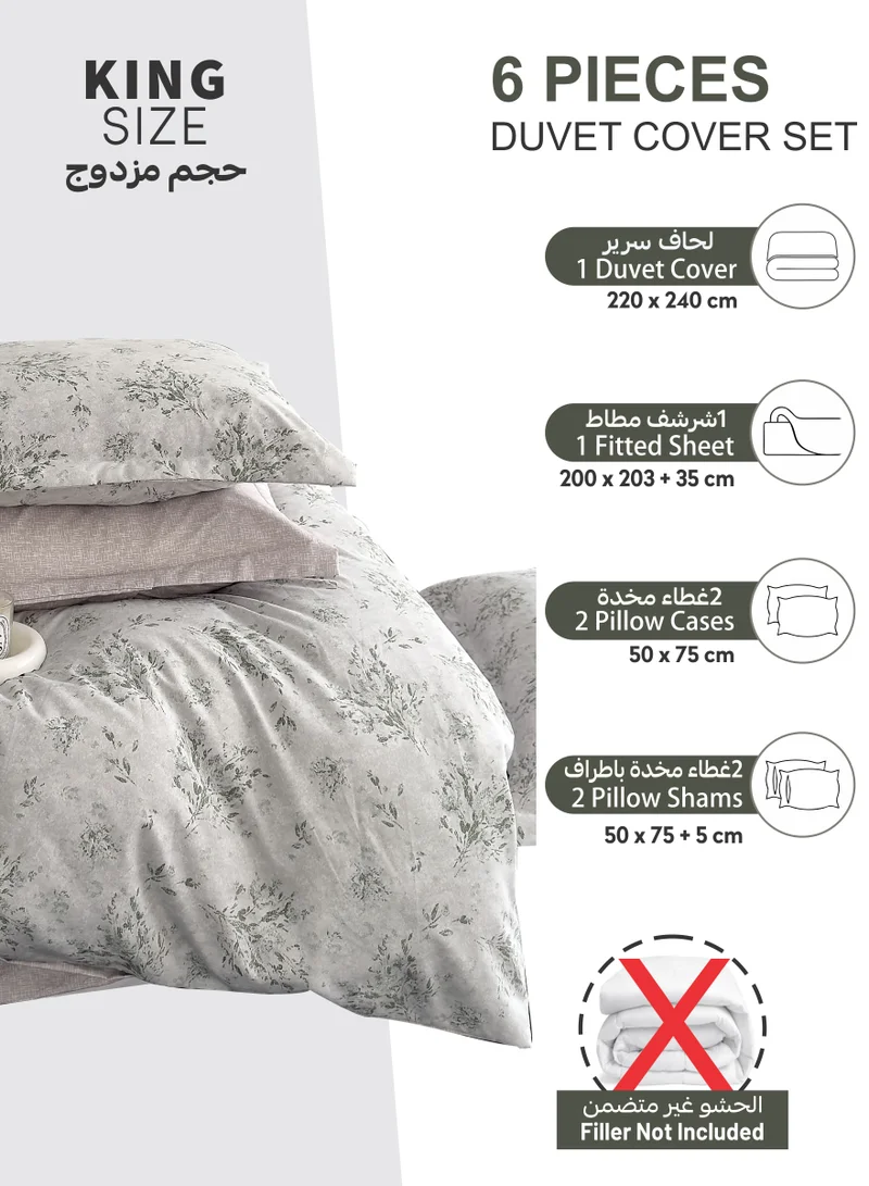 Donetella Printed Duvet Set, King Size 220x240 cm - 6-Pcs Bed Set, Microfiber Fabric - 1 Duvet Cover, 1 Fitted Sheet, 2 Pillow Shams, 2 Pillowcases (Filler Not Included)