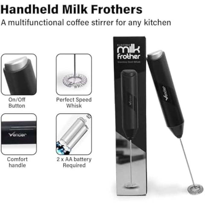 Vencier Handheld Milk Frother  Stainless Steel Electric Whisk  Portable BatteryOperated Foam Maker For Lattes Matcha  Shakes  Ergonomic Compact  Easy To Clean Batteries Not Included Black - Image 3