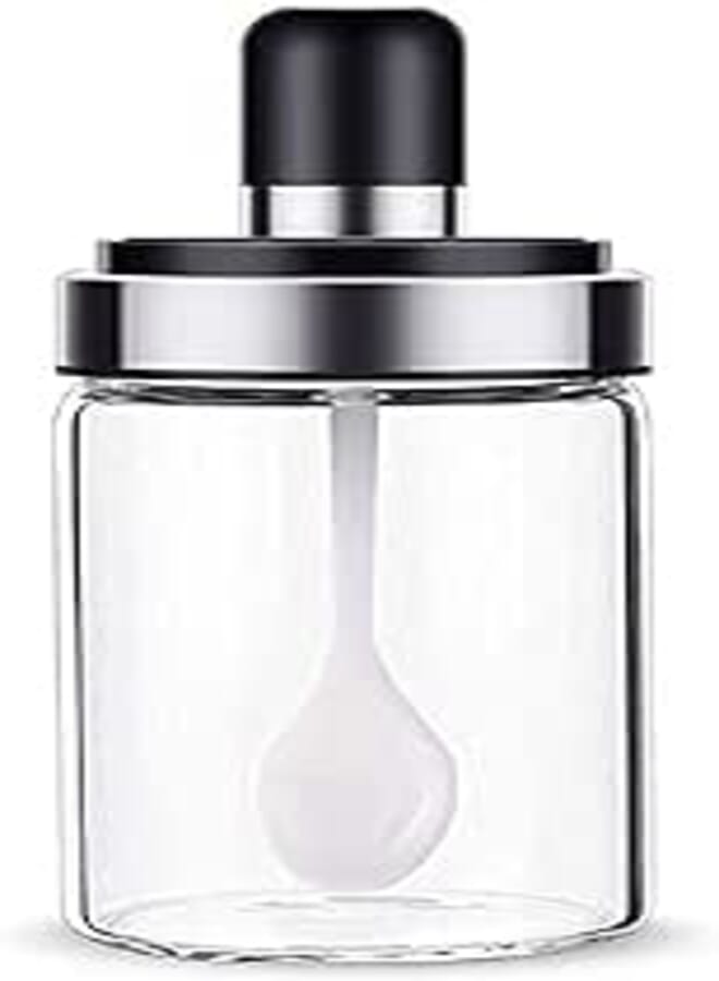 Kitchen High Borosilicate Glass Spice Jar Seasoning Box Jar Condiment Jar, Combination Spoon and Lid Design, 8.45 oz