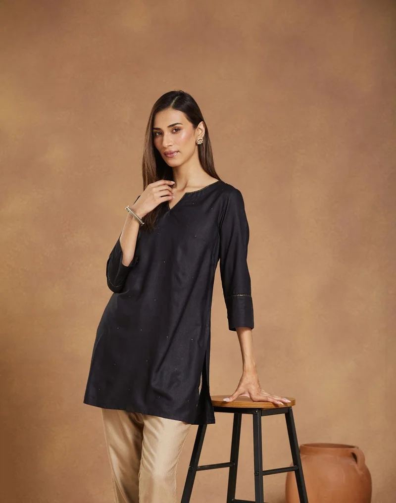 Fabindia Black Viscose Silk Short Kurta