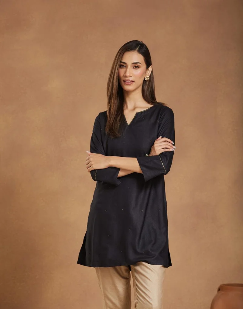 Fabindia Black Viscose Silk Short Kurta
