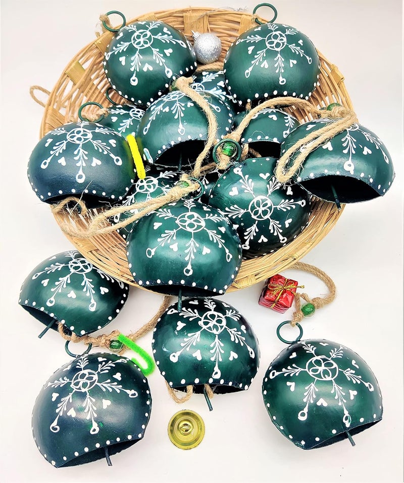 HIGHBIX 10cm Big Hand Painted Festive Dcor Hanging Bells Set of 10 with Jute Bag Hand Painted Green 10cm