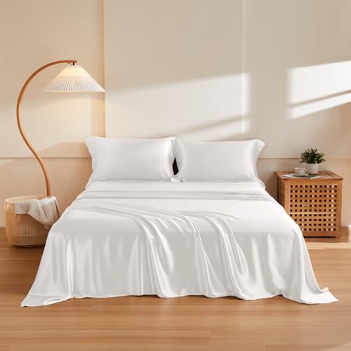 THXSILK Silk Sheet Set 4Pcs 6A Top Grade 100 Natural Mulberry Silk Bed Sheets Luxury Bedding Sets Ultra Soft Durable 1 Fitted Sheet 1 Flat Sheet and 2 Pillow Shams King Pearl White
