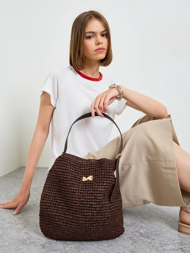 Styli Styli Brown Raffia Shoulder Bag