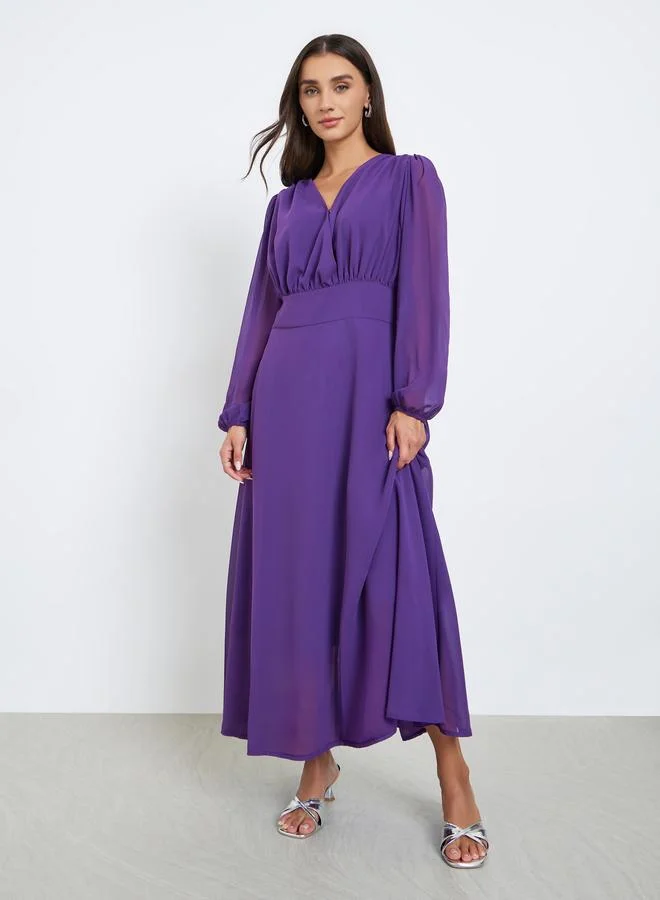 Purple Solid Chiffon Balloon Sleeve Midi Dress
