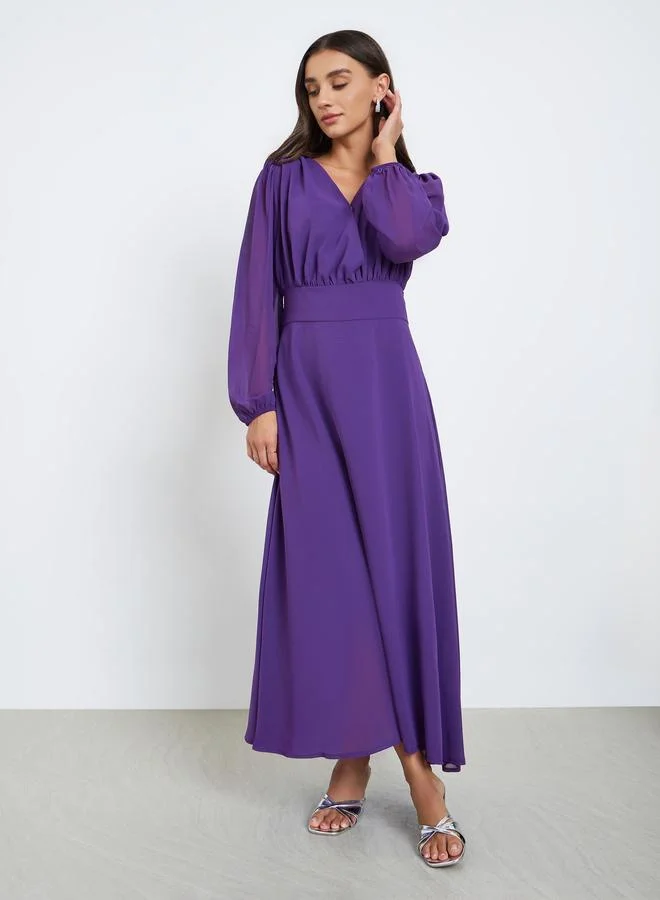 Styli Purple Solid Chiffon Balloon Sleeve Midi Dress