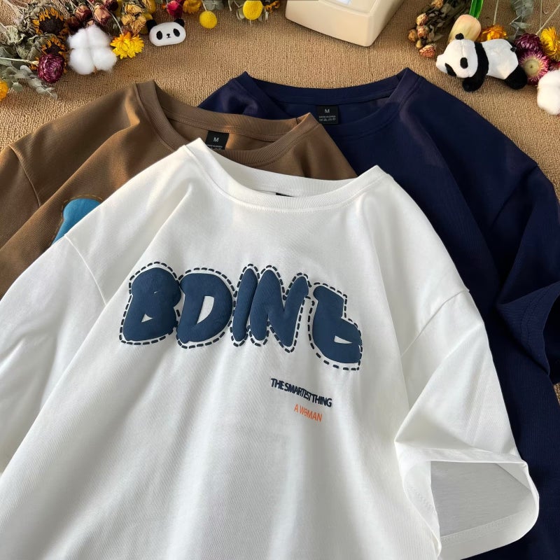 Heavy cotton short-sleeved T-shirt men's trendy new retro hip hop oversiz couple versatile casual half sleeve - Image 2