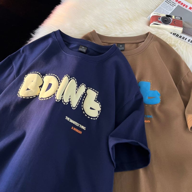 Heavy cotton short-sleeved T-shirt men's trendy new retro hip hop oversiz couple versatile casual half sleeve - Image 3