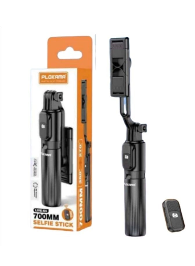 PLOKAMA - 3 in 1 Selfie Stick Tripod Bluetooth LED Selfie Stick with Mini Remote Wireless for Photos - K5 - Black - Image 2