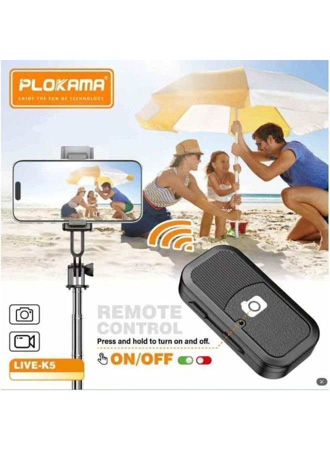 PLOKAMA - 3 in 1 Selfie Stick Tripod Bluetooth LED Selfie Stick with Mini Remote Wireless for Photos - K5 - Black - Image 5