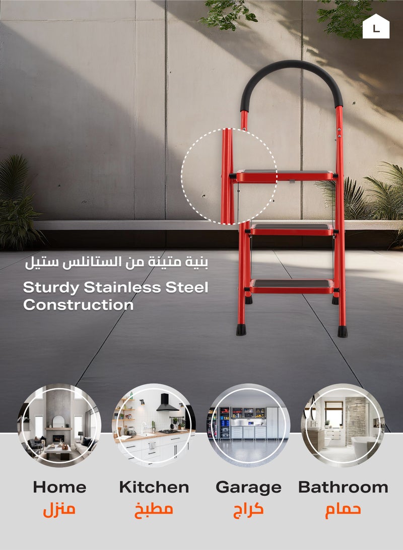 لوازم سلم 3 درجات قابل للطي - 23×36 سم - سلم متنقل بدرجات واسعة مانعة للانزلاق، مقبض مبطن، تصميم موفر للمساحة، هيكل متين، وقواعد مانعة للخدوش - مناسب للاستخدام الداخلي والخارجي.  - Image 4
