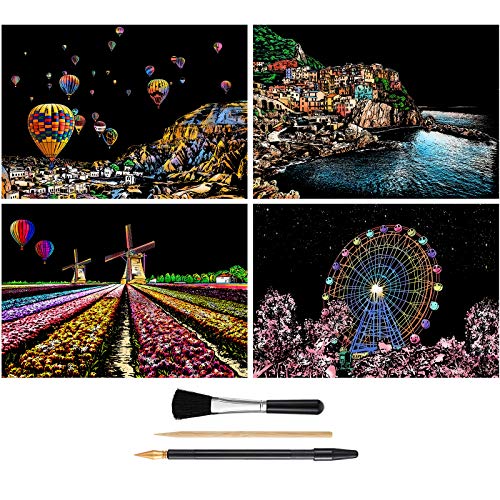 AP ARTSPER Rainbow Scratch Art Painting Paper (A4) for Kids & Adults, DIY Night View Scratchboard Set: 4 Sheets Scratch Cards & Drawing Pen, Clean Brush (Cinque Terre/Windmill/Hot Air Balloon/Ferris Wheel) - Image 1