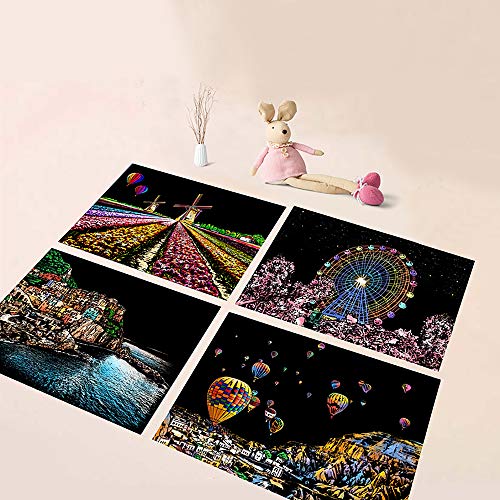 AP ARTSPER Rainbow Scratch Art Painting Paper (A4) for Kids & Adults, DIY Night View Scratchboard Set: 4 Sheets Scratch Cards & Drawing Pen, Clean Brush (Cinque Terre/Windmill/Hot Air Balloon/Ferris Wheel) - Image 2