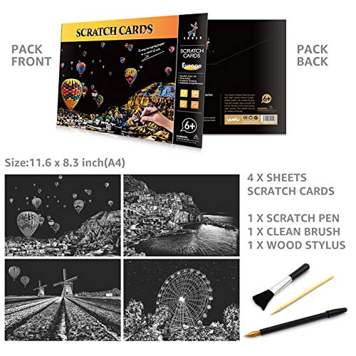 AP ARTSPER Rainbow Scratch Art Painting Paper (A4) for Kids & Adults, DIY Night View Scratchboard Set: 4 Sheets Scratch Cards & Drawing Pen, Clean Brush (Cinque Terre/Windmill/Hot Air Balloon/Ferris Wheel) - Image 4