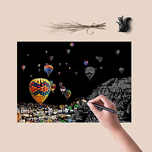 AP ARTSPER Rainbow Scratch Art Painting Paper (A4) for Kids & Adults, DIY Night View Scratchboard Set: 4 Sheets Scratch Cards & Drawing Pen, Clean Brush (Cinque Terre/Windmill/Hot Air Balloon/Ferris Wheel) - Image 5