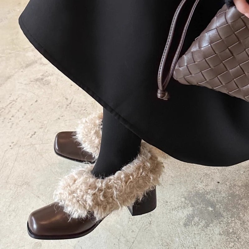 Retro High Heel Furry Women's Shoes Square Toe Block Heel Slip-on Mary Jane - Image 1