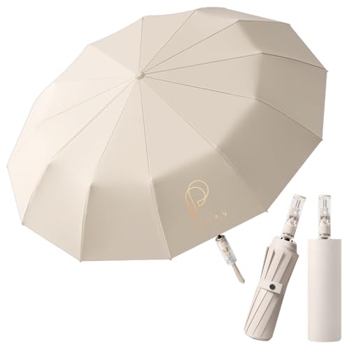 PALAY® UV Umbrella for Rain and Sun Protection Windproof, Reinforced 12 Ribs, Sectional Closure, Compact Travel 3 Fold Umbrella with Mechanical Handle for Women and Men (Beige) - Image 1