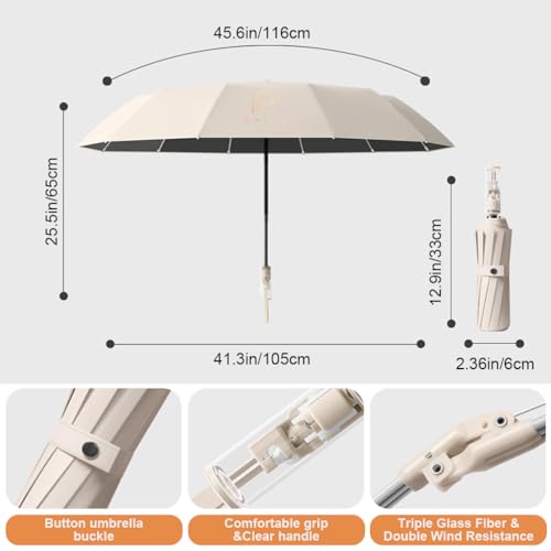 PALAY® UV Umbrella for Rain and Sun Protection Windproof, Reinforced 12 Ribs, Sectional Closure, Compact Travel 3 Fold Umbrella with Mechanical Handle for Women and Men (Beige) - Image 2