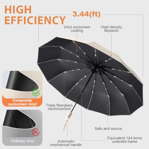 PALAY® UV Umbrella for Rain and Sun Protection Windproof, Reinforced 12 Ribs, Sectional Closure, Compact Travel 3 Fold Umbrella with Mechanical Handle for Women and Men (Beige) - Image 4