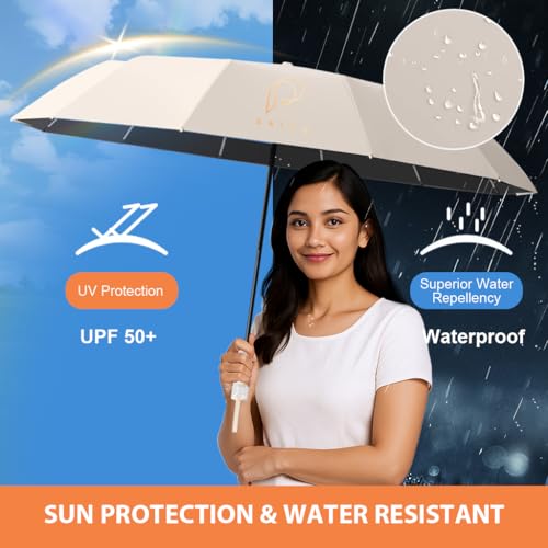 PALAY® UV Umbrella for Rain and Sun Protection Windproof, Reinforced 12 Ribs, Sectional Closure, Compact Travel 3 Fold Umbrella with Mechanical Handle for Women and Men (Beige) - Image 3