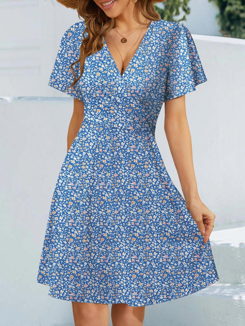 FENSACE A Line Dresses for Women Summer Empire Waist Knee Length Baby Shower Casual Dress with Sleeves(Blue White Floral-105,Large) - Image 4