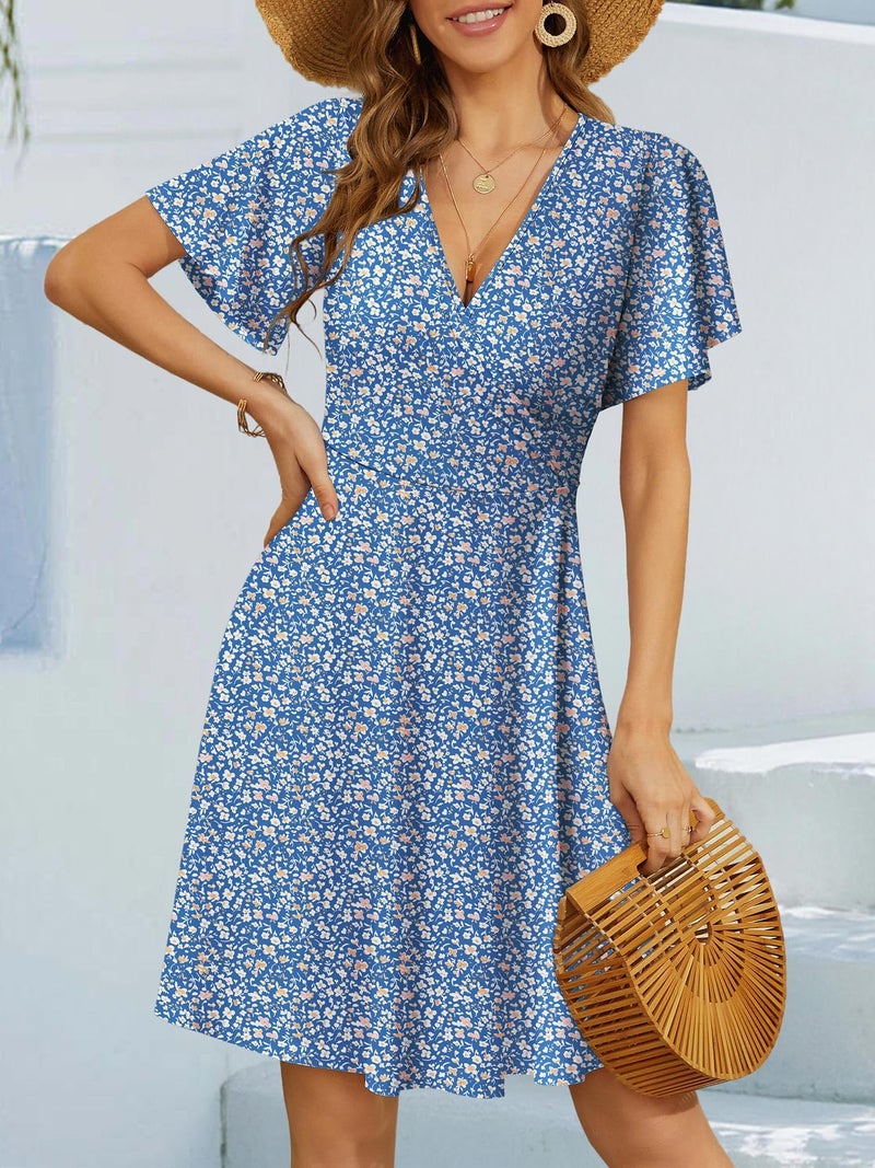 FENSACE A Line Dresses for Women Summer Empire Waist Knee Length Baby Shower Casual Dress with Sleeves(Blue White Floral-105,Large) - Image 5
