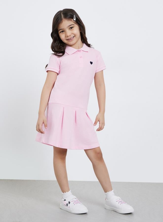 Styli Girls Pink Heart Embroidered Detail Polo Dress - Image 1