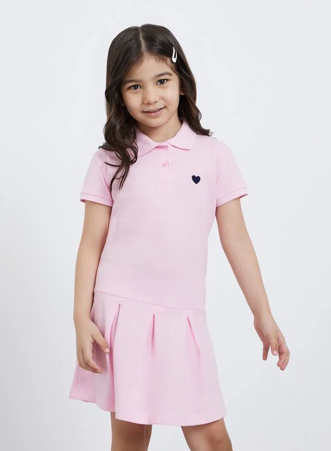 Styli Styli Girls Pink Heart Embroidered Detail Polo Dress