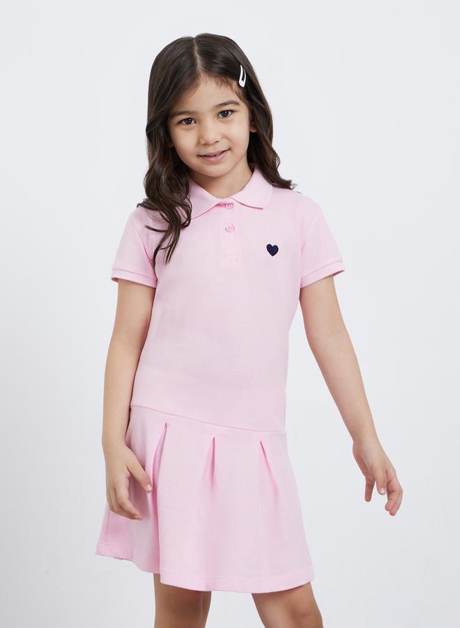 Styli Girls Pink Heart Embroidered Detail Polo Dress - Image 2