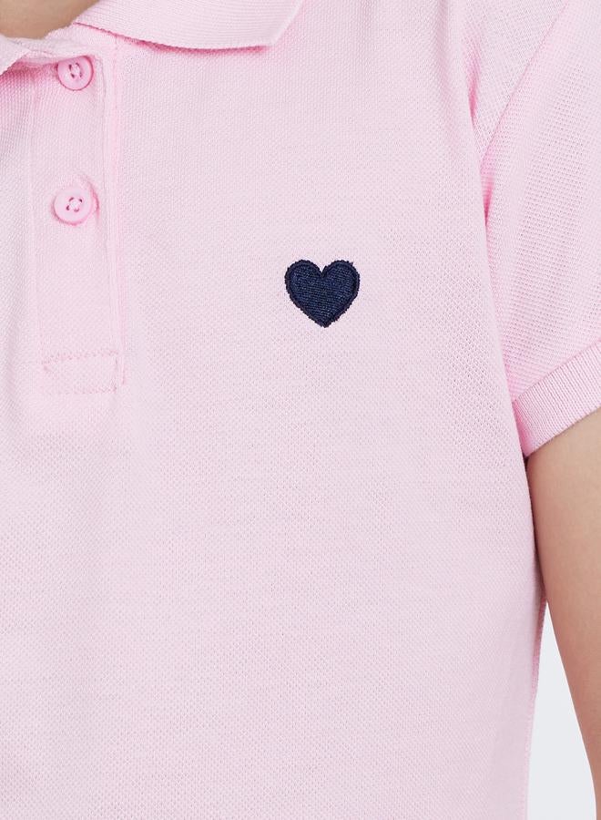 Styli Girls Pink Heart Embroidered Detail Polo Dress - Image 3