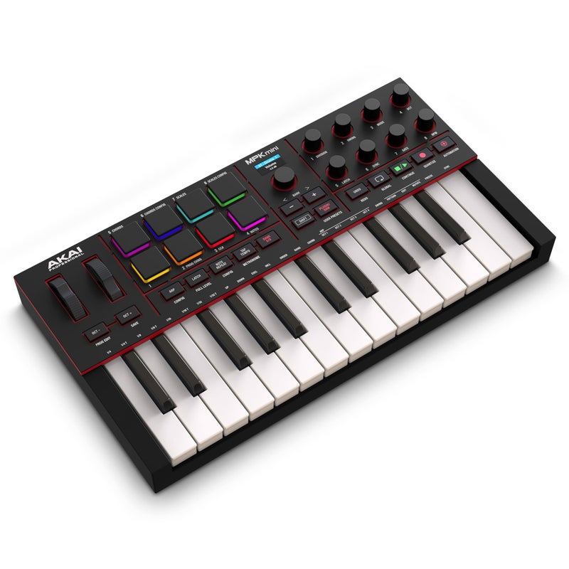 Akai Professional أكاي بروفيشنال MPK Mini IV USB-C MIDI كيبورد كنترولر للمبتدئين والمنتجين - MPC درام بادز، 360Â° مقابض، عجلات البيتش والمود، برنامج الإنتاج، حزمة صوت نيتيف إنسترومنتس، أسود - Image 1