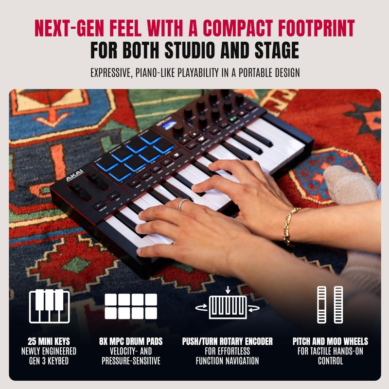Akai Professional أكاي بروفيشنال MPK Mini IV USB-C MIDI كيبورد كنترولر للمبتدئين والمنتجين - MPC درام بادز، 360Â° مقابض، عجلات البيتش والمود، برنامج الإنتاج، حزمة صوت نيتيف إنسترومنتس، أسود - Image 3