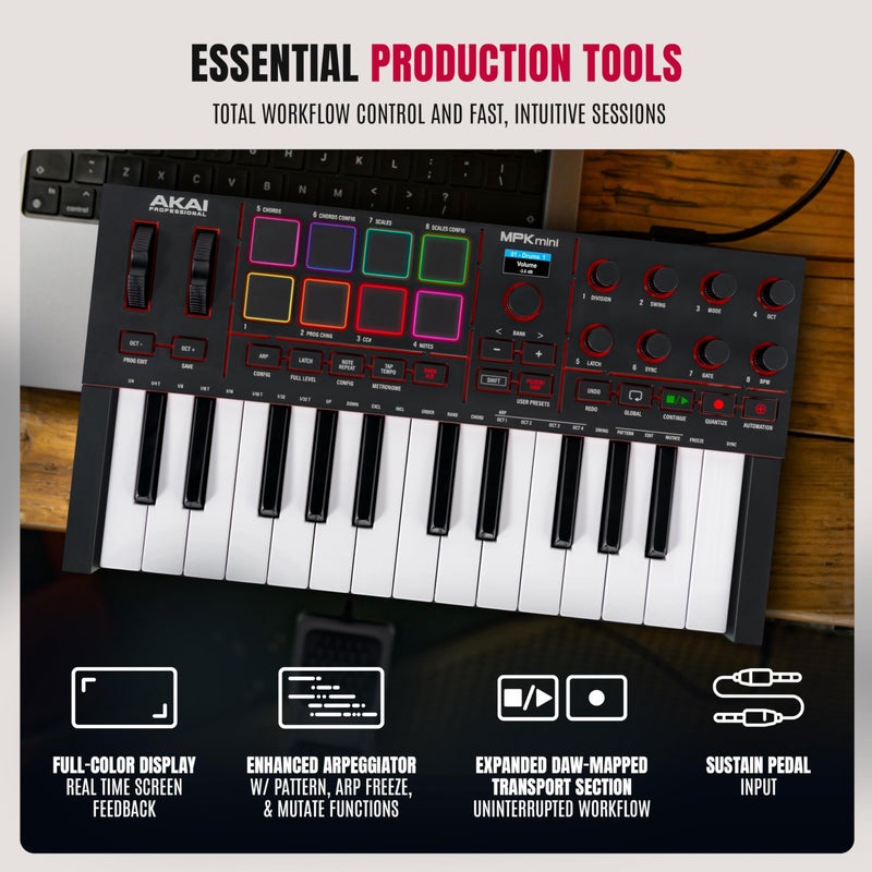 Akai Professional أكاي بروفيشنال MPK Mini IV USB-C MIDI كيبورد كنترولر للمبتدئين والمنتجين - MPC درام بادز، 360Â° مقابض، عجلات البيتش والمود، برنامج الإنتاج، حزمة صوت نيتيف إنسترومنتس، أسود - Image 5
