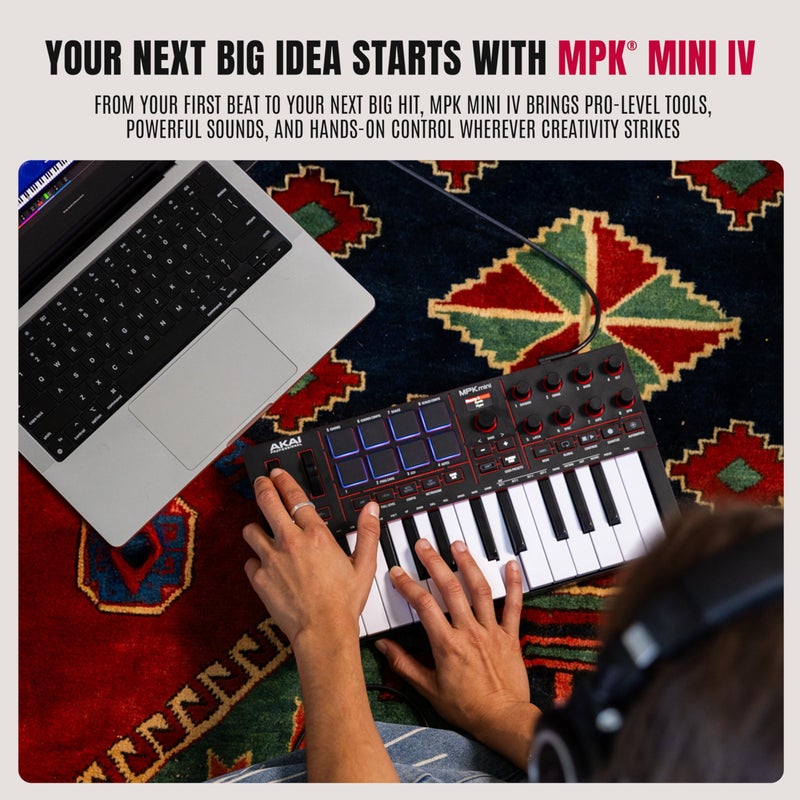 Akai Professional أكاي بروفيشنال MPK Mini IV USB-C MIDI كيبورد كنترولر للمبتدئين والمنتجين - MPC درام بادز، 360Â° مقابض، عجلات البيتش والمود، برنامج الإنتاج، حزمة صوت نيتيف إنسترومنتس، أسود - Image 2