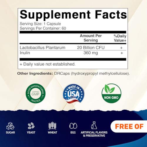 Vitamatic Lactobacillus Plantarum - 20 Billion per DR Capsule - 60 Count - Digestive Support - Made with Prebiotic Inulin Fiber - Image 2
