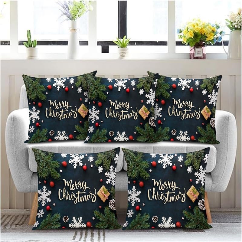 BMRGIFTS Soft Fabric Designer Decorative Printed Merry Christmas Theme Cushion Cover Xmas Decorations for Sofa Living Room Set of 5 12 x 12 inch Multi (CHMCC95) - Image 1
