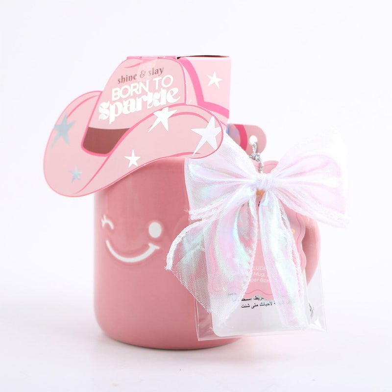 Midi Ceramic cup gift set pink with hat and bow decoration - Image 1
