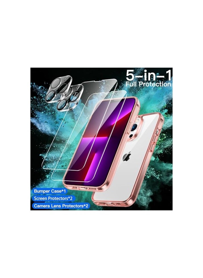 جي تيك حافظة JETech 5 في 1 لهاتف iPhone 13 Pro Max مقاس 6.7 بوصة، مع واقي شاشة مكون من عبوتين وواقي عدسة كاميرا مكون من عبوتين، طبقة زجاجية مقسى بتغطية كاملة، غطاء هاتف ممتص للصدمات (ذهبي وردي) - Image 5