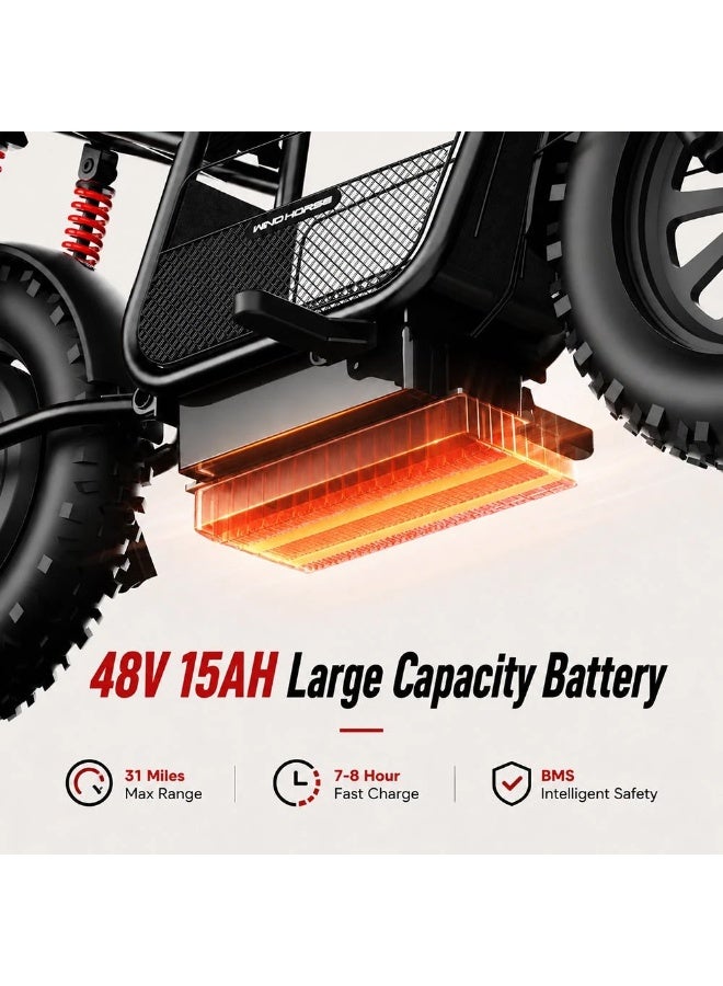 Wind Horse D1 Electric Bike for Adults, 800W Motor (1500W Peak Power), 50KM/H Speed, 50KM Range, 48V 13Ah Removable Battery, 20 x 4 Inch Fat Tires, Remote Unlock, LCD Display, Bluetooth Speaker, Artificial Engine Sound, Anti Theft System - Image 5