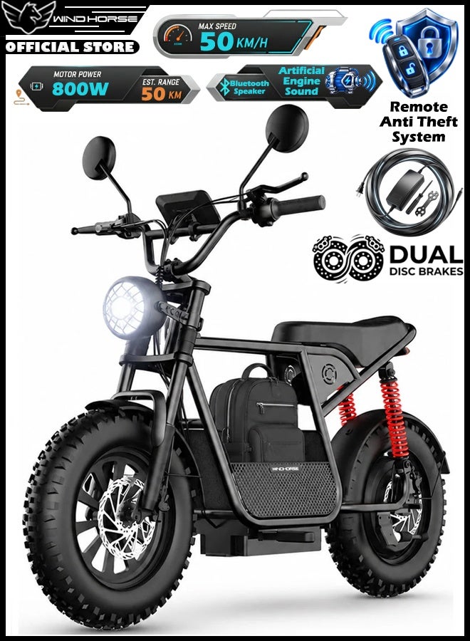 Wind Horse D1 Electric Bike for Adults, 800W Motor (1500W Peak Power), 50KM/H Speed, 50KM Range, 48V 13Ah Removable Battery, 20 x 4 Inch Fat Tires, Remote Unlock, LCD Display, Bluetooth Speaker, Artificial Engine Sound, Anti Theft System - Image 1