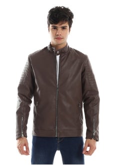 Shoulder Stitching Details Long Sleeves Brown Leather Jacket