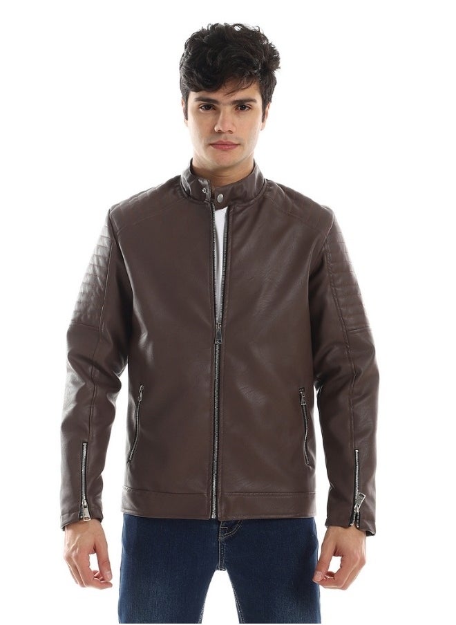 WHITE RABBIT - Shoulder Stitching Details Long Sleeves Brown Leather Jacket - Image 1
