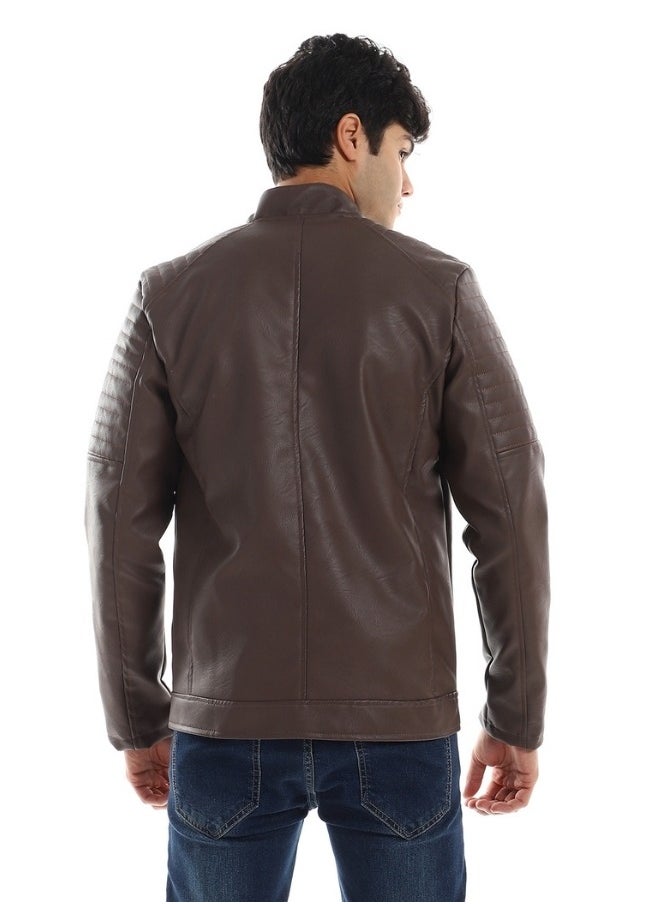 WHITE RABBIT - Shoulder Stitching Details Long Sleeves Brown Leather Jacket - Image 1