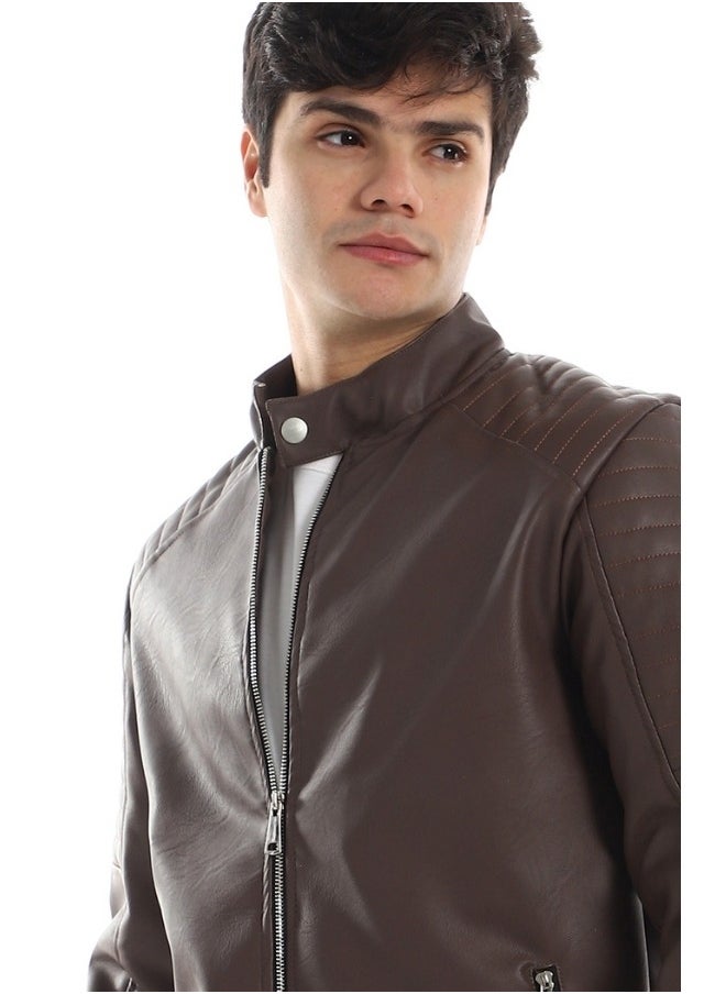 WHITE RABBIT - Shoulder Stitching Details Long Sleeves Brown Leather Jacket - Image 1