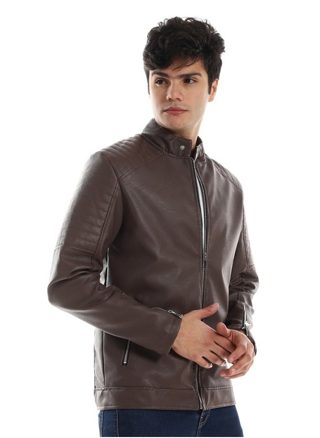 WHITE RABBIT - Shoulder Stitching Details Long Sleeves Brown Leather Jacket - Image 1